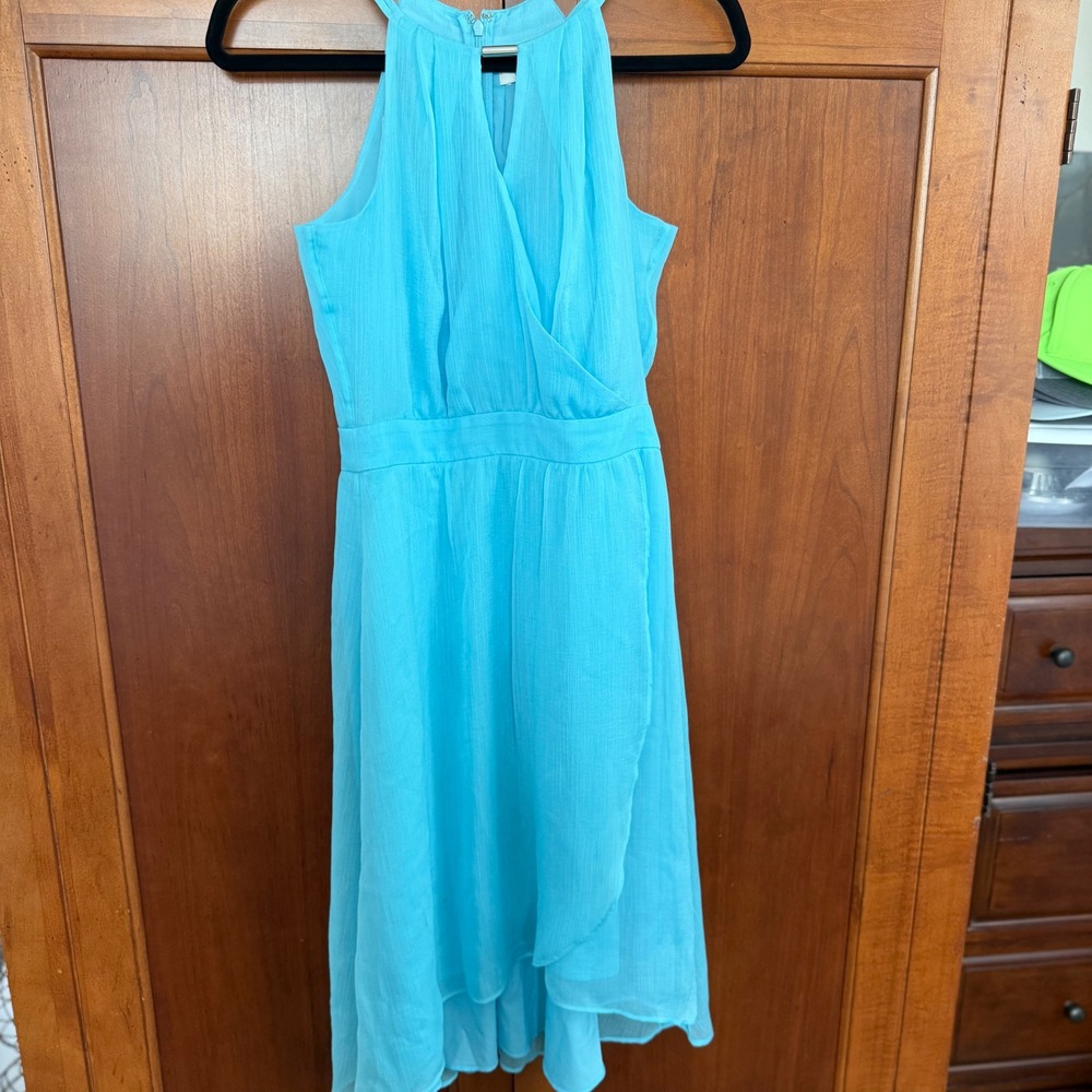 White House Black Market Baby Blue Halter High Low Chiffon Dress Size 0 EUC - Picture 2 of 14